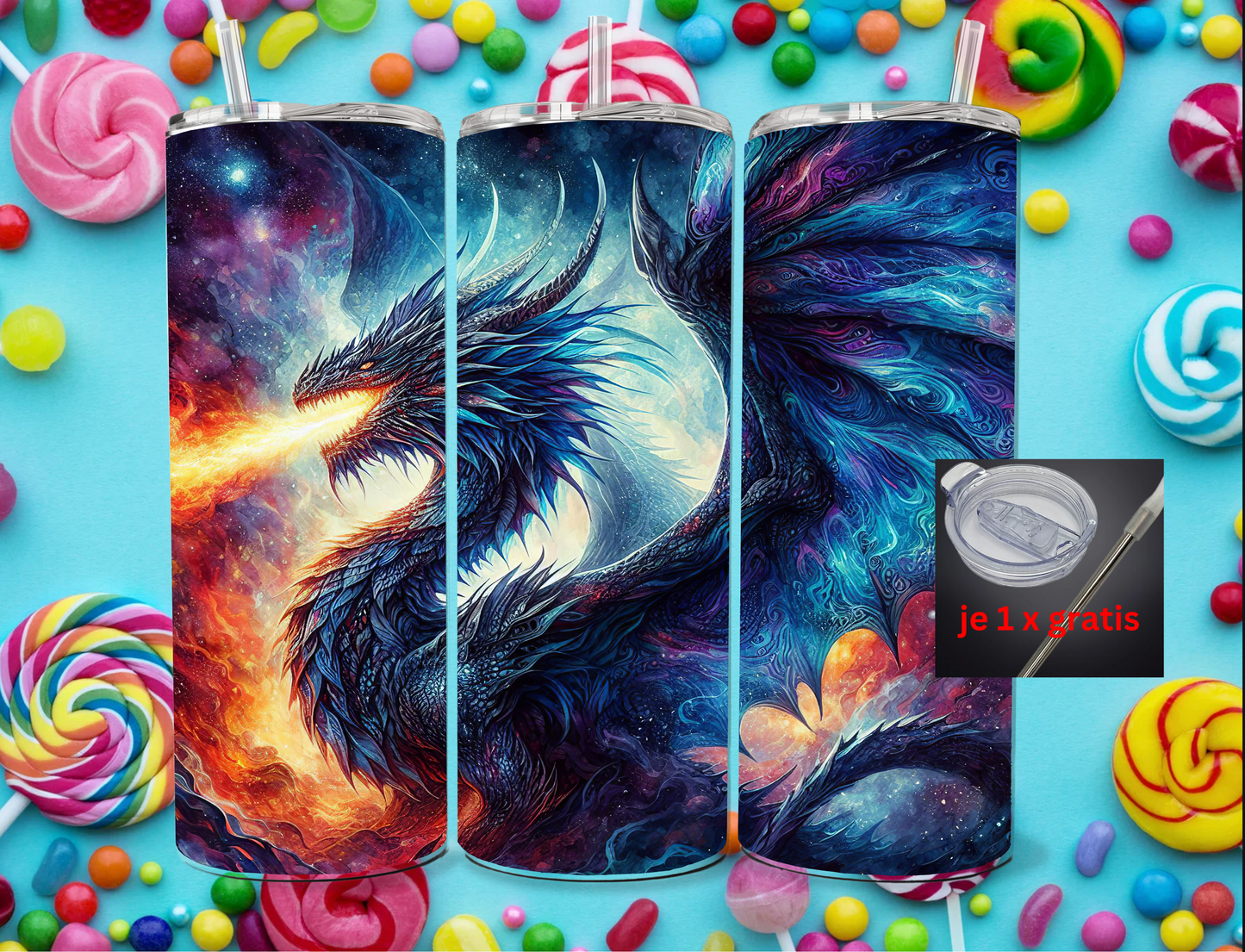 Tumbler mit Schraubdeckel vs Candy Drache seitlich Blau