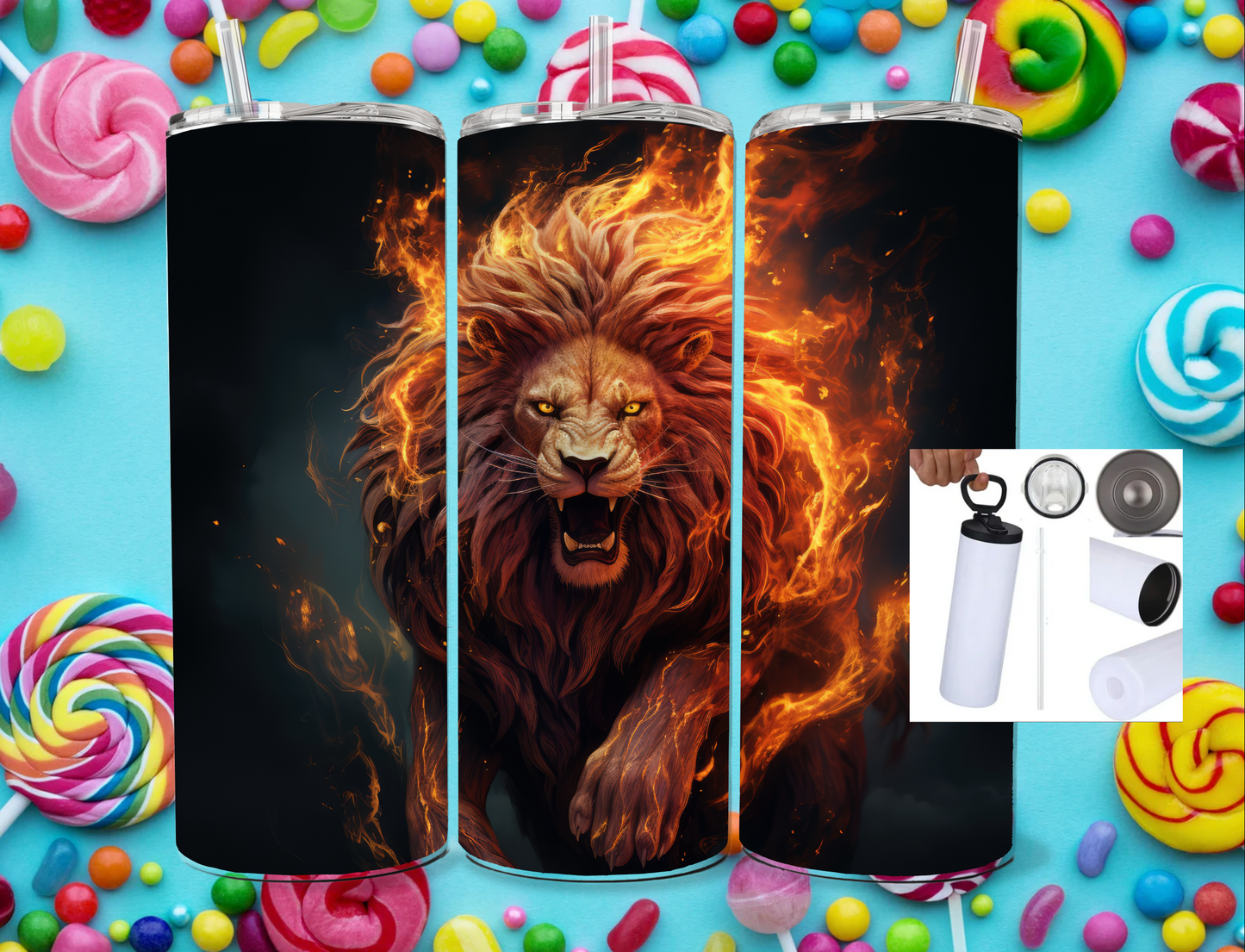 Tumbler mit Schraubdeckel vs Candy Löwe Feuer