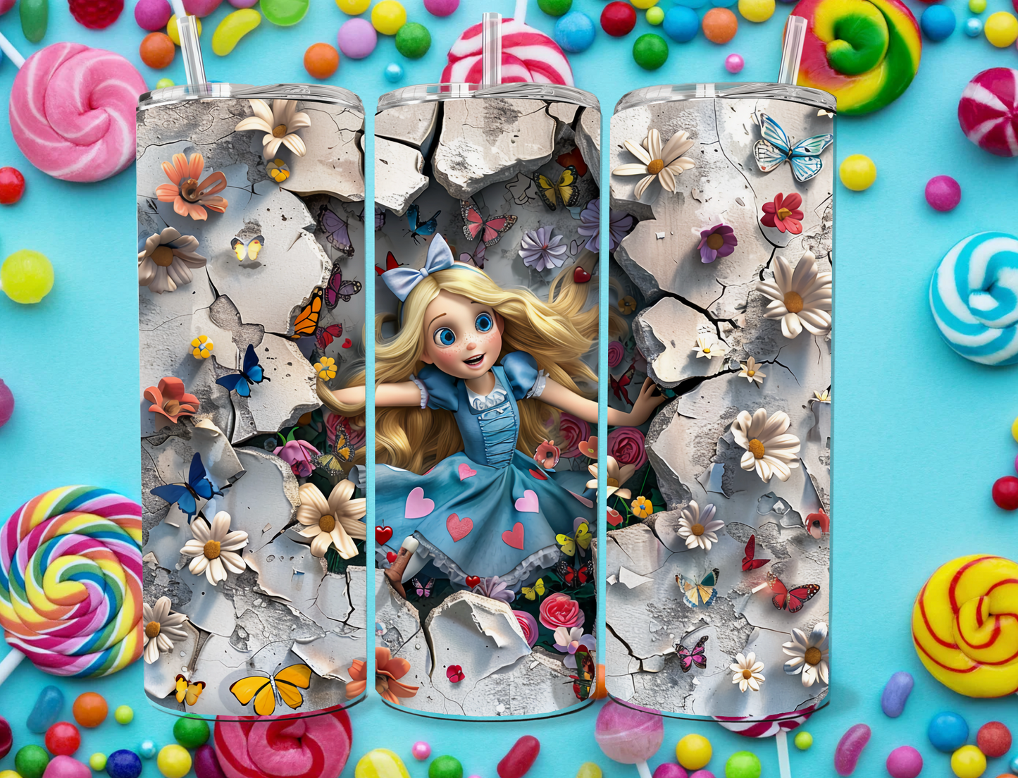 Kinder Tumbler Schraubdeckel Mädchen Blumen Schmetterlinge 3D
